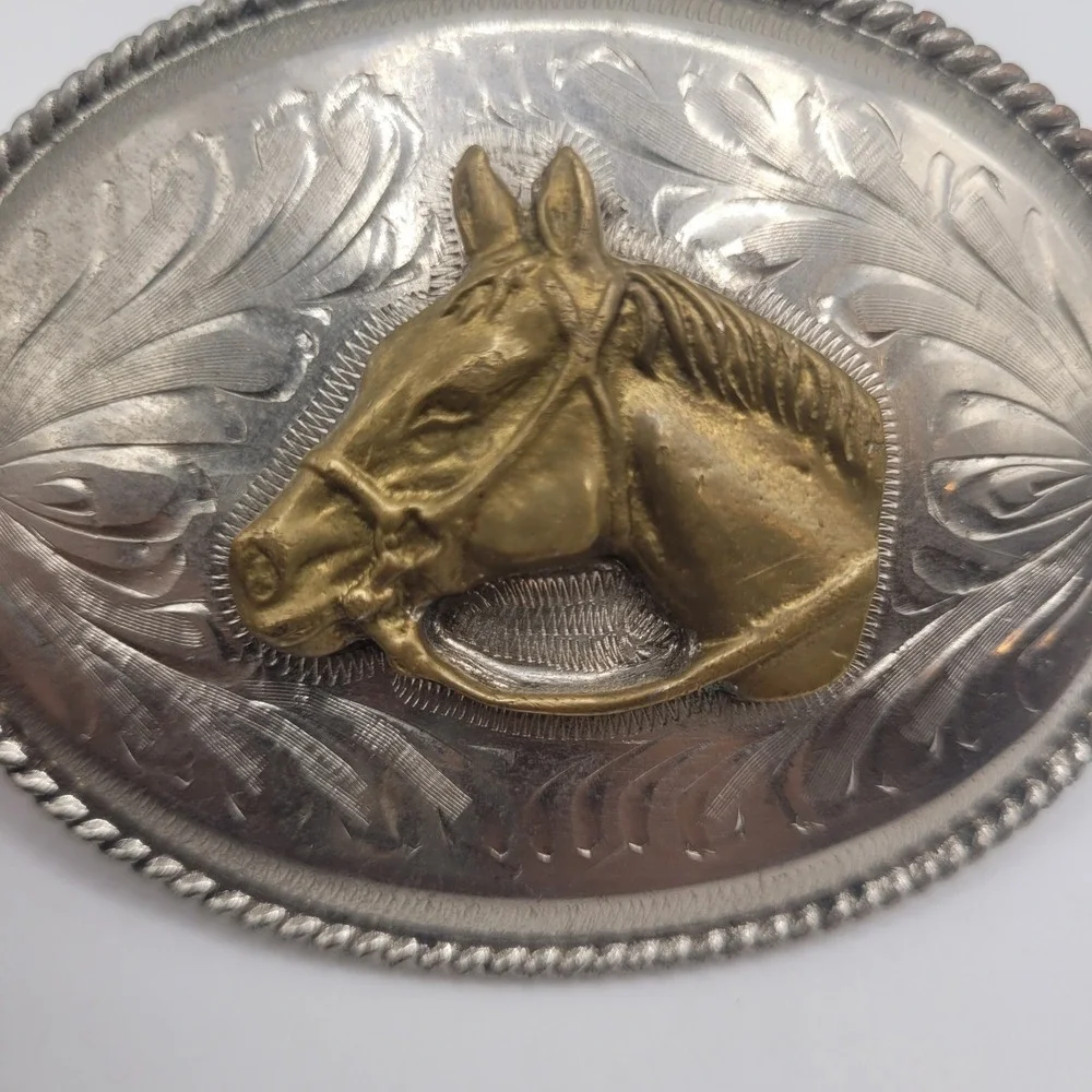 Horse Head Belt Buckle Mex Alpaca Silver Western Cowboy Rodeo Engraved Etched